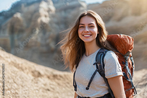 Smiling Woman Backpacker Hiking in Desert photo