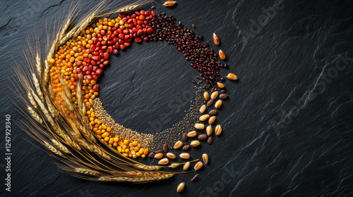 Colorful grains arranged in circular pattern on dark surface, showcasing various seeds and grains like quinoa, lentils, and beans, creating vibrant and artistic display