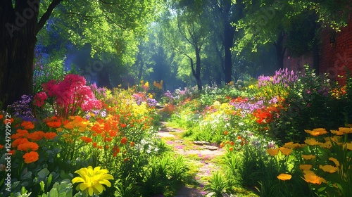 Chaotic gardens wild flora thrive in vibrant disar a lush and colorful garden filled with flowers and trees natures beauty photo