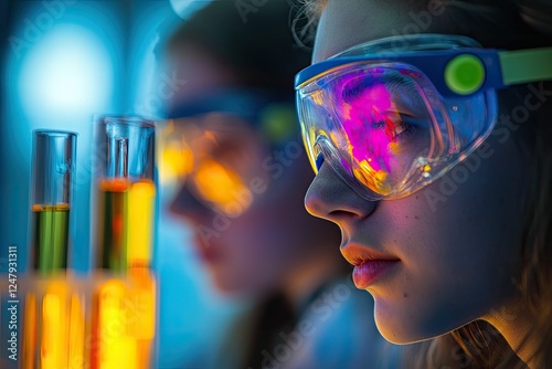 Young woman, safety glasses, colorful liquids, lab setting.