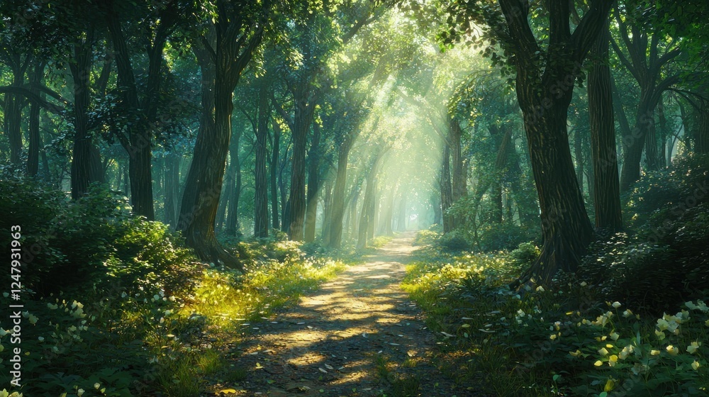 Sunlit Path Through Enchanting Forest Sunlit Path Through Enchanting Forest
