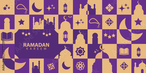 greeting cards banner poster Ramadan and Eid  background with copy space,Eid Al-Fitr Mubarak, Ramadan Kareem, Islamic Style Greeting Background Collection Set with Arabic Ornaments Modern geometric.