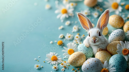 An easter charm layout top view vertical image of adorable hare ears visible from a broken eggshell, colored eggs and chamomile petals on a light teal background with space for script or promos.