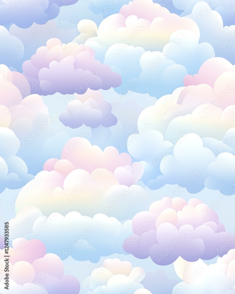 Seamless Pattern A dreamy illustration of soft, pastel-colored clouds in a serene sky.