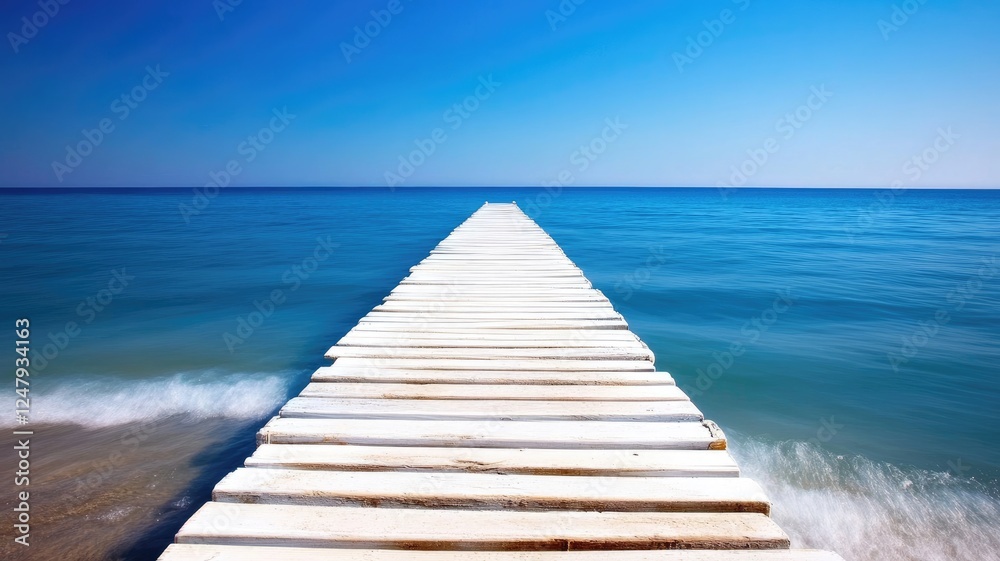 Fototapeta premium Serene wooden pier stretching into clear blue sea under bright sky