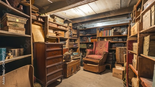 Dusty attic room filled with vintage furniture and antique collection
