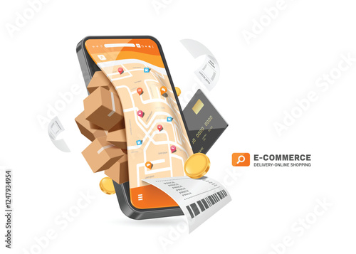 Products are packed in cardboard boxes or parcels and ready to be delivered to customers according to pins marked on GPS map on their smartphone after customer pay with credit card, vector 3d isolated