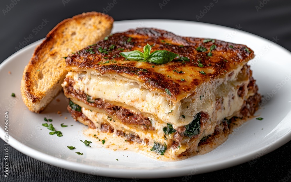 A delicious slice of lasagna with toasted bread. A delicious slice of lasagna with toasted bread.