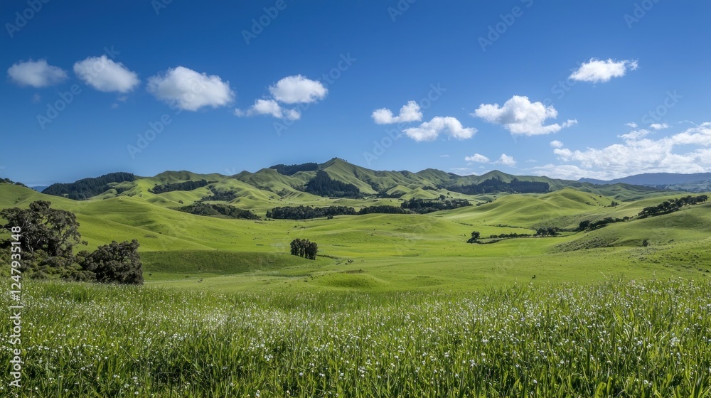 Serene Green Valley Landscape Under a Blue Sky Serene Green Valley Landscape Under a Blue Sky