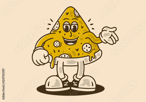 Mascot character of pizza slice in retro vintage style