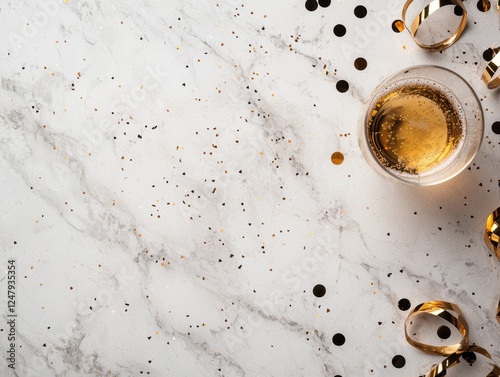 Festive champagne toast on marble background with confetti and ribbon. photo