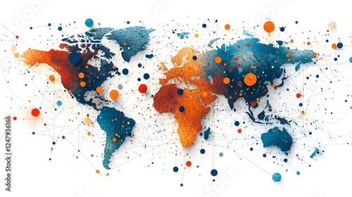 World in Watercolor: A vibrant watercolor world map with splashes of color depicting interconnectedness and global community. The abstract dots represent cities, nations.