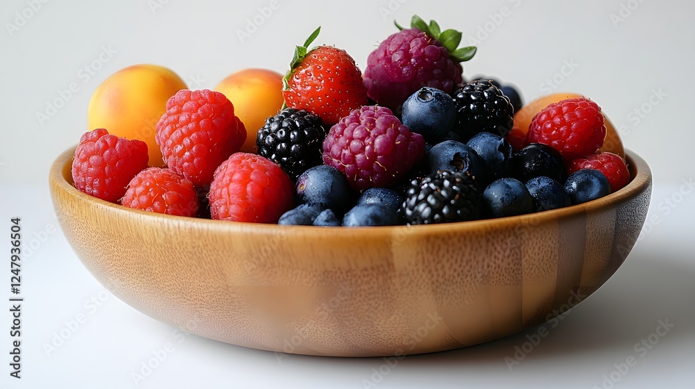 Summer Fruit Bowl: A rustic wooden bowl overflows with a vibrant mix of fresh summer fruits, including juicy raspberries, plump blueberries, sweet strawberries, and ripe apricots. Summer Fruit Bowl: A rustic wooden bowl overflows with a vibrant mix of fresh summer fruits, including juicy raspberries, plump blueberries, sweet strawberries, and ripe apricots.