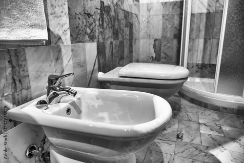 Bidet and toilet of a modern bathroom