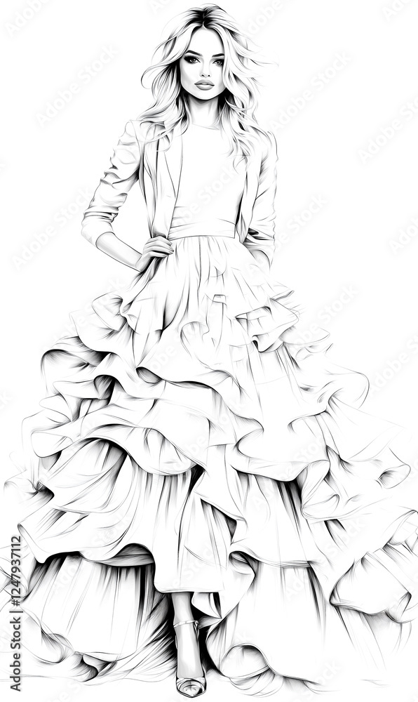 Fototapeta premium A woman in a white dress is standing in front of a white background. She is wearing high heels and a jacket. The dress is long and has ruffles, giving it a formal and elegant appearance