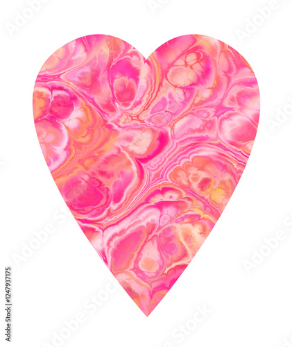 isolated heart shape of pink, red, orange, white marbling on transparent or white background