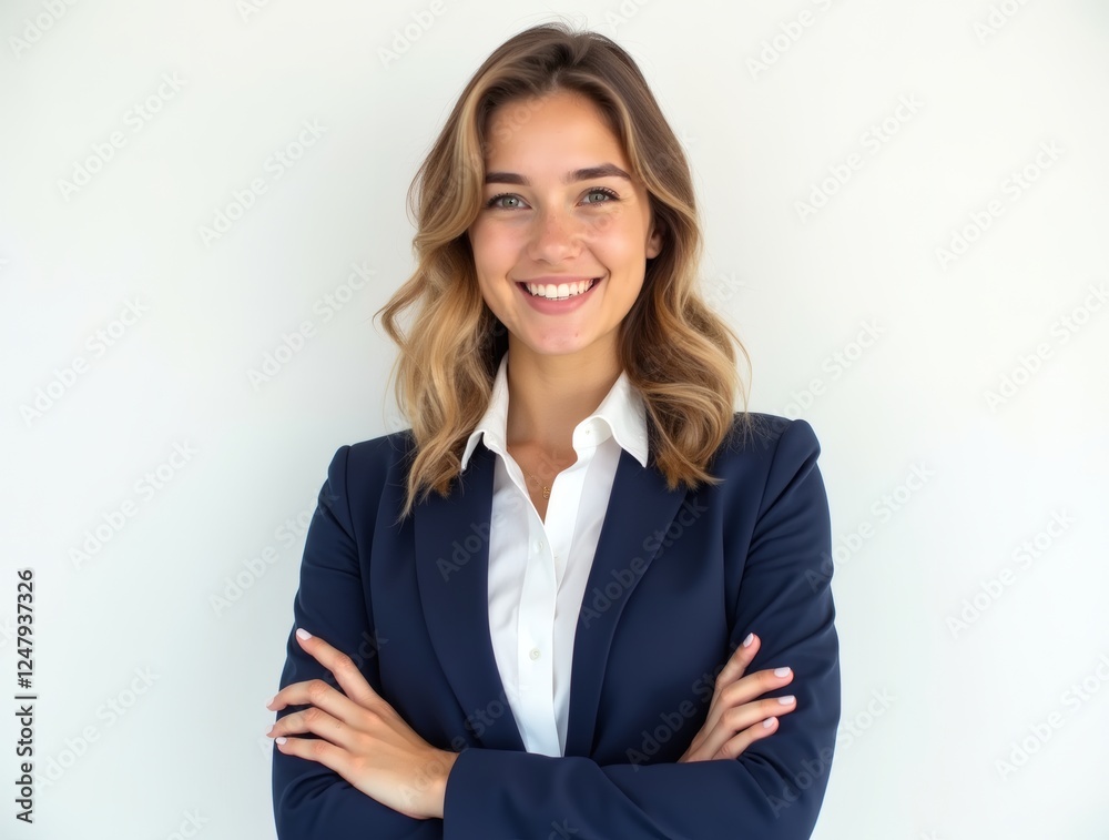 A confident young woman with wavy, shoulder-length blonde hair smiles warmly, wearing an blue blazer over a white collared shirt. Her arms are crossed as she stands against a plain background, exudi A confident young woman with wavy, shoulder-length blonde hair smiles warmly, wearing an blue blazer over a white collared shirt. Her arms are crossed as she stands against a plain background, exudi