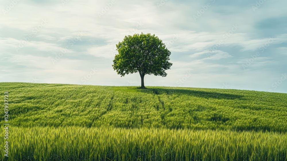 Lone tree on green field, cloudy sky, nature landscape, environmental poster Lone tree on green field, cloudy sky, nature landscape, environmental poster