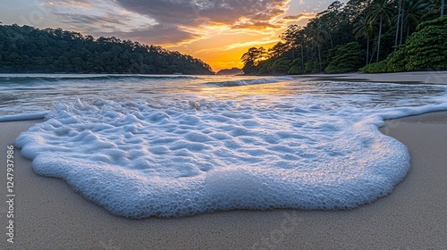 Sunset beach foam, tranquil scene, golden hour photo