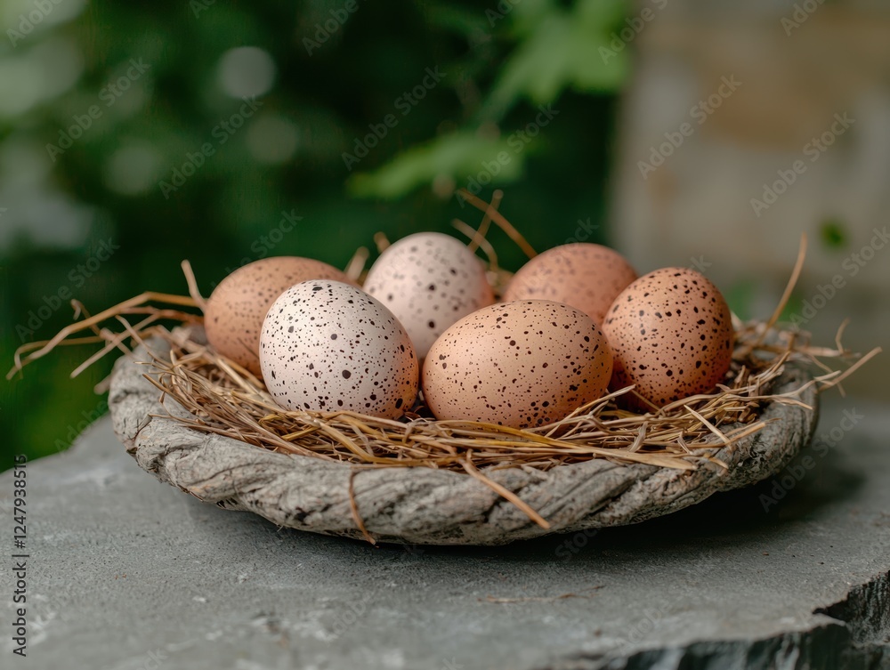 Speckled eggs in a nest. Speckled eggs in a nest.