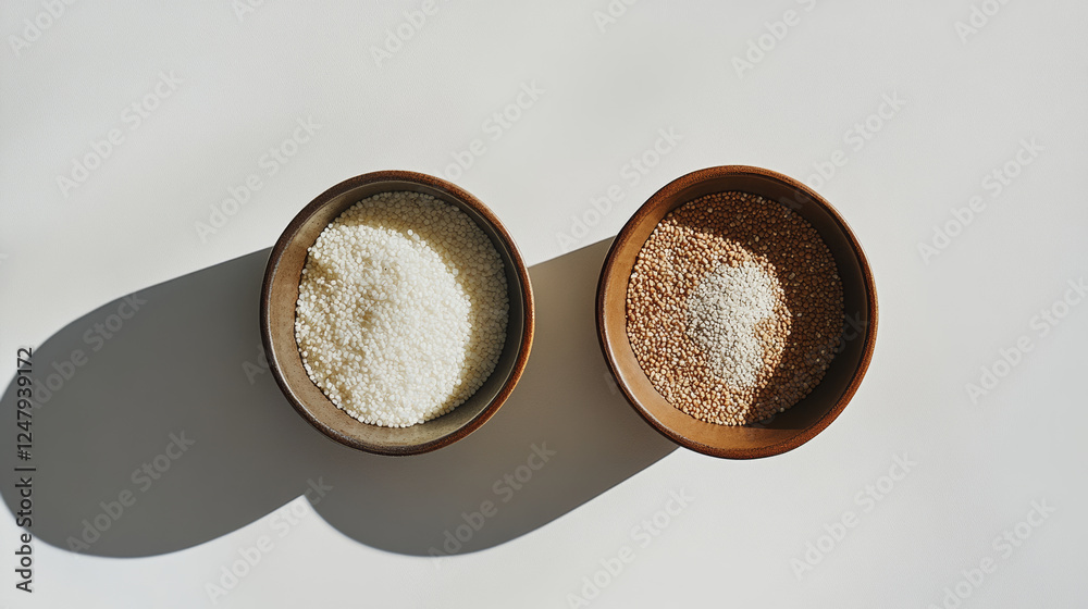 Artistic flat lay of grains in bowls, showcasing white and brown textures. natural light enhances simplicity and beauty of these ingredients Artistic flat lay of grains in bowls, showcasing white and brown textures. natural light enhances simplicity and beauty of these ingredients