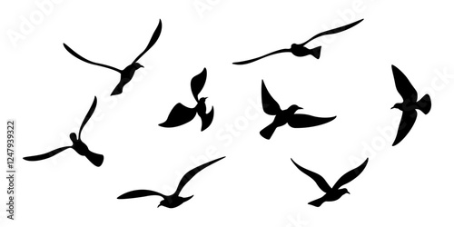 Flying Bird icon, Flock of Flying Birds, Seagull, Silhouette Flying of Seagull Bird, Flying Gull, Bird Symbol, Seagull Flock