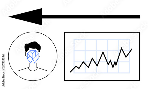 Face recognition structure inside a human silhouette, arrow indicating movement, and a rising line graph. Ideal for AI, analytics, biometrics, tech progress, growth, data visualization abstract line