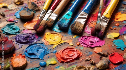 Paintbrushes of various sizes scattered across a vibrant, colorful paint palette, radiating creativity and artistic potential.