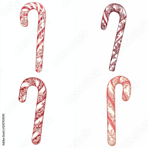 Chinoiserie Candy Cane Set - Porcelain Christmas Clipart Vector Illustration