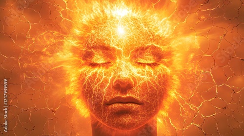 Fiery Transformation: A surreal and intense artwork depicting a serene female face engulfed in fiery, electric energy, symbolizing inner strength and transformation.
