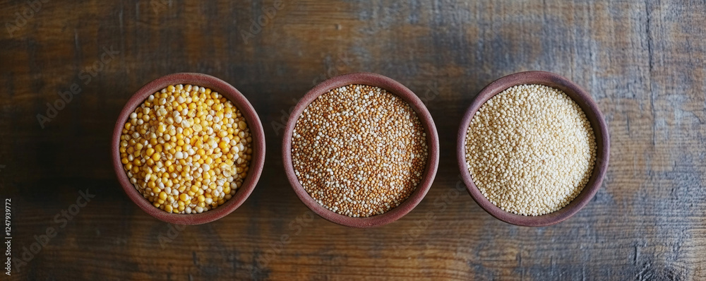 Artistic flat lay of vibrant grains in bowls, showcasing corn, groats, and quinoa on rustic wooden surface. colorful and healthy display of natural ingredients