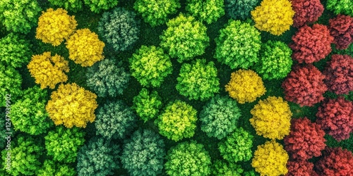 A vibrant aerial view of colorful trees showcasing a spectrum of green, yellow, and red foliage, illustrating the beauty of nature's seasonal changes.