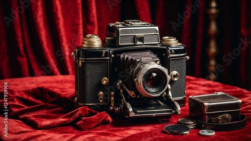 A vintage black film camera displayed atop luxurious red velvet, flanked by a glistening lens and a roll of film.