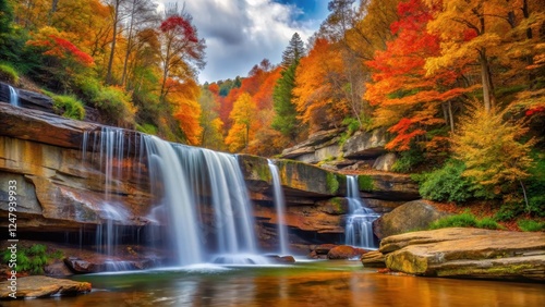 A colorful autumn waterfall cascading down a rocky slope in Red River Gorge, with vibrant hues of orange and yellow surrounding the water's edge , vibrant hues, red river gorge