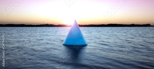 Surreal landscape with a blue  triangle on the ocean, Image