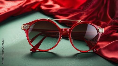 Vintage round sunglasses resting effortlessly on vibrant red silk, catching sparkling reflections from nearby light.