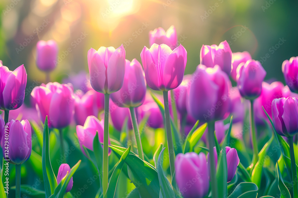 Beautiful natural wide-format image of spring meadow of young bright blooming purple tulips in morning sun in park in nature. Beautiful natural wide-format image of spring meadow of young bright blooming purple tulips in morning sun in park in nature.