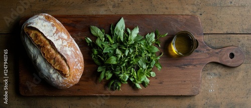 A rustic wooden board displays a loaf of bread, fresh herbs, and a small bowl of olive oil, creating a simple yet appetizing culinary scene.