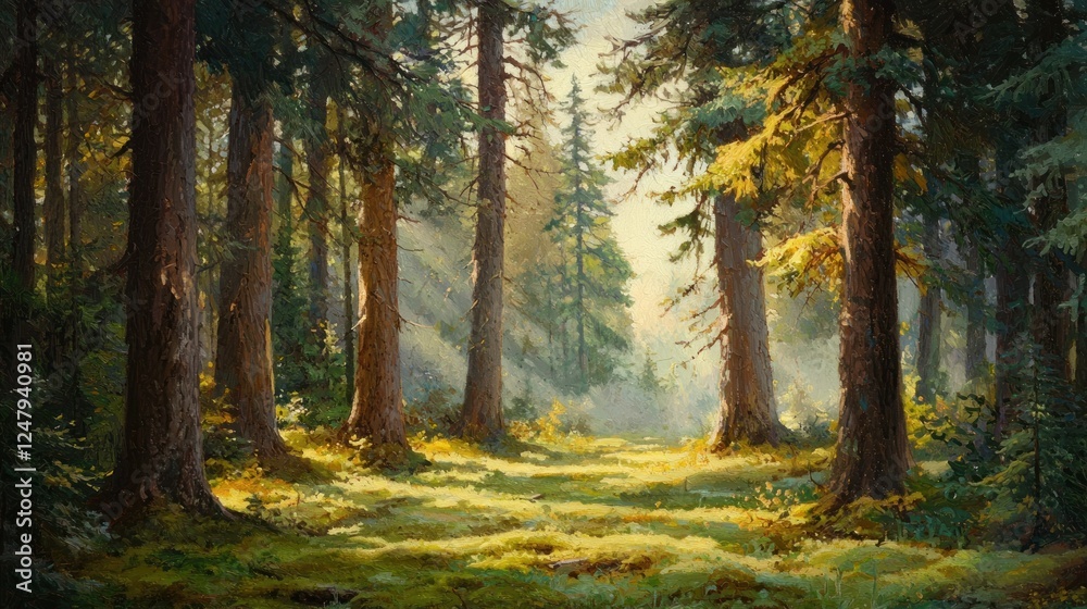 Fototapeta premium Sunlit Forest Path: A Serene Painting of a Mystical Woodland