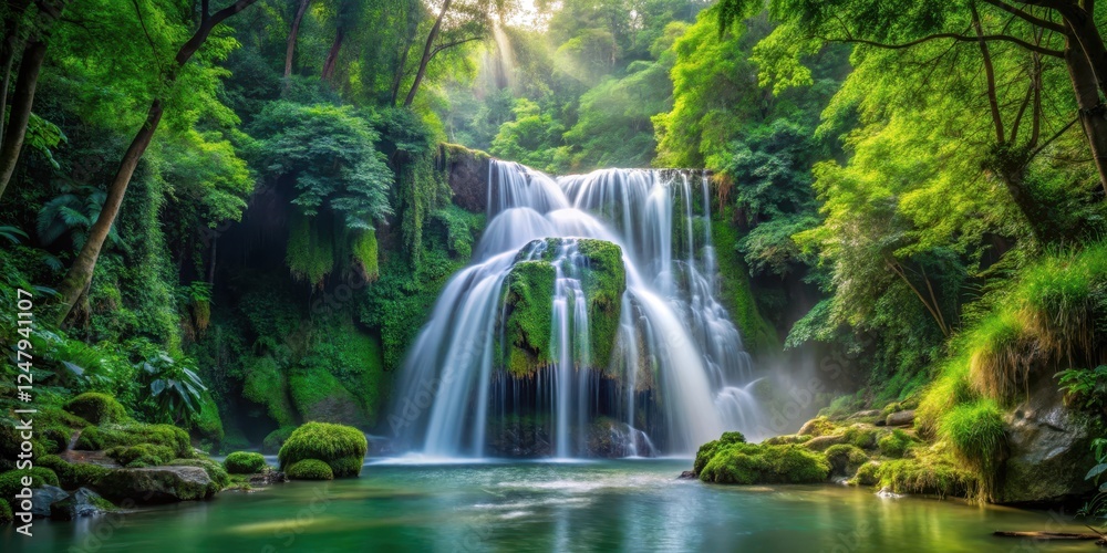 Fototapeta premium waterfall cascading through lush green forest scenery, natural wonder, foliage
