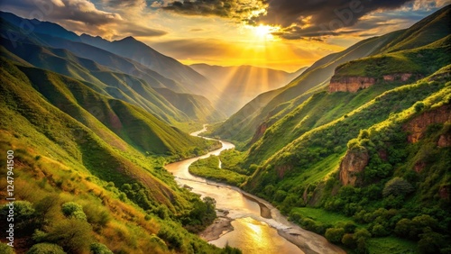 A warm golden light filters through the lush greenery of Chicamocha Canyon as sunlight casts a serene glow on the winding stream , warm light, river stream photo