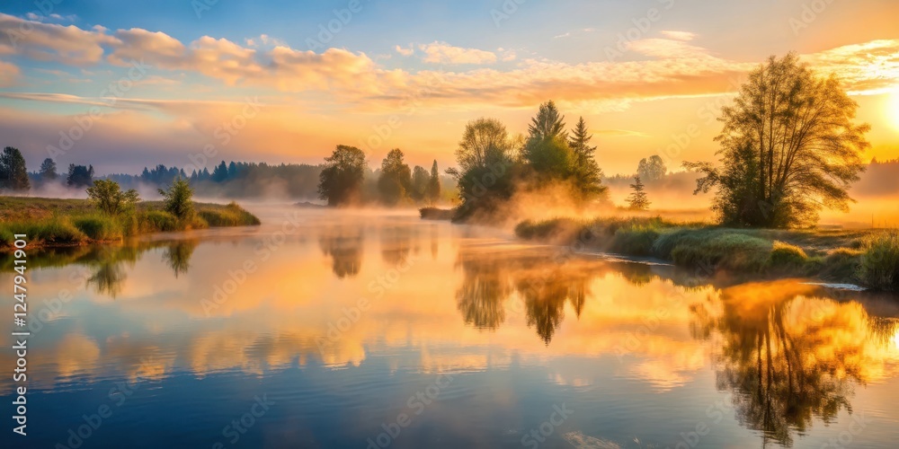 Obraz premium Early morning mist rising from the tranquil waters of the Snohomish River Delta as the warm sunrise lights up the surrounding landscape in Everett WA, snohomish river delta, outdoors