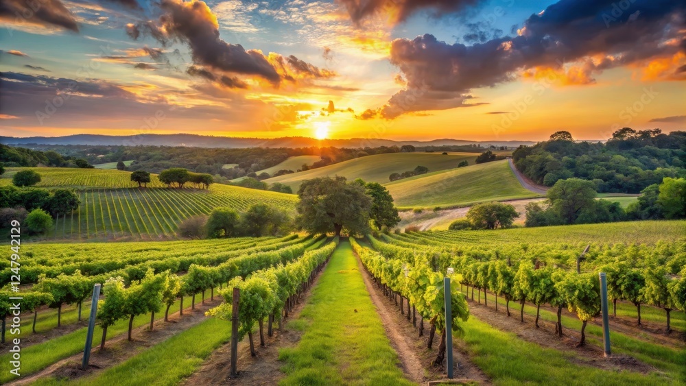 Fototapeta premium Vineyard views of rolling hills with grapevines in Fredericksburg Texas landscape at sunset, wine tasting, wine region
