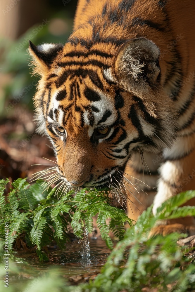 Fototapeta premium A close-up of a tiger drinking water near lush greenery, showcasing its striking orange and black stripes in a natural setting.