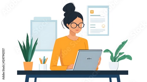 Focused and Ready: A woman wearing glasses sits at a desk in a home office setting, engrossed in her work on a laptop, surrounded by greenery and a sense of calm.
