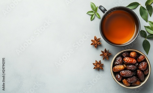Dates, tea, anise, leaves, grey background, Ramadan food