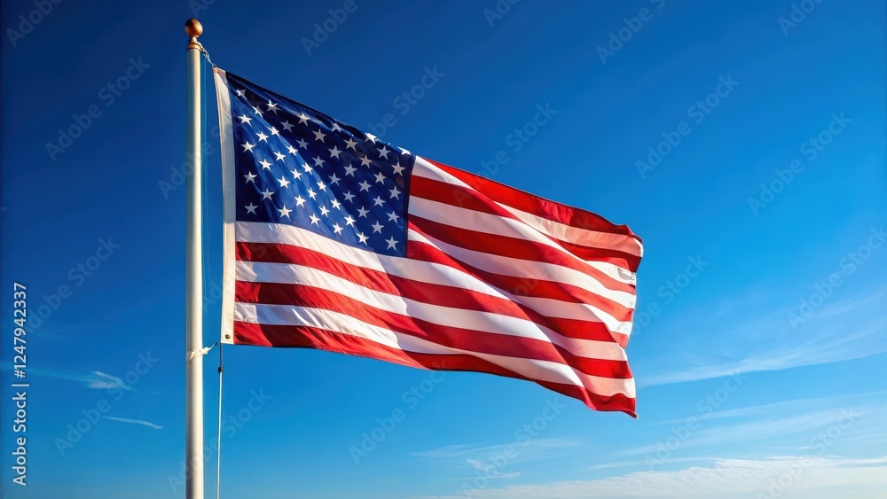 A cloudless sky with a flag blowing gently in the wind on a patriotic day, patriotism, wind,  patriotism