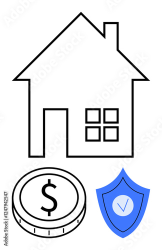 House outline, dollar coin, and shield with checkmark represent home insurance, savings, real estate investment, financial planning, property protection, secure living, abstract line flat metaphor