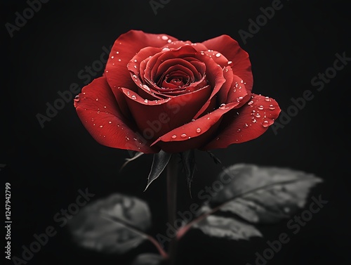 Red Rose with Water Droplets on Dark Background