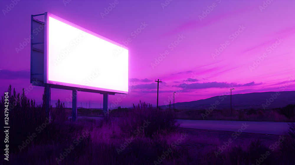 billboard in the middle of a dreamy synthwave environment, with a digital sun and palm silhouettes framing the scene billboard in the middle of a dreamy synthwave environment, with a digital sun and palm silhouettes framing the scene